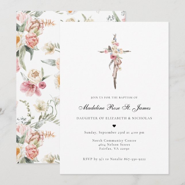 Spring Blooms | Floral Cross Baptism Invitation (Front/Back)