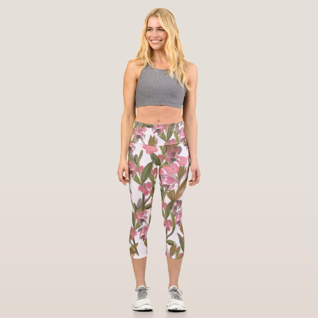 Spring Blooms Floral in Pink, Olive Green Capri Leggings (Front)