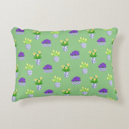 Spring Blooms in Blue  White Pots Accent Pillow