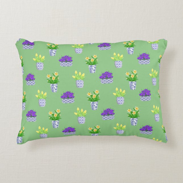 Spring Blooms in Blue & White Pots Accent Pillow (Front)