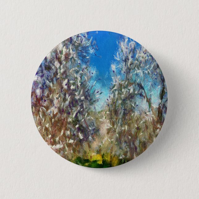 Spring Blossom Almond Tree Pointillism Artwork Pinback Button (Front)