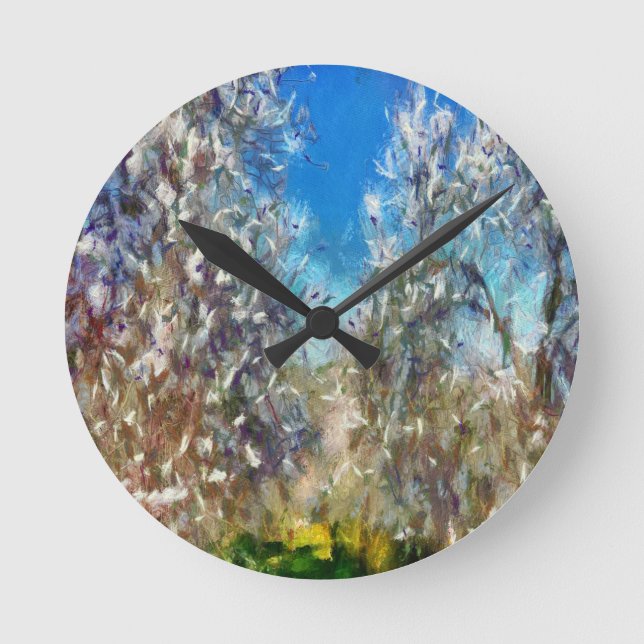Spring Blossom Almond Tree Pointillism Artwork Round Clock (Front)