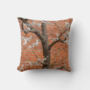 Spring Blossom Apricot Tree Red Brick Wall Throw Pillow