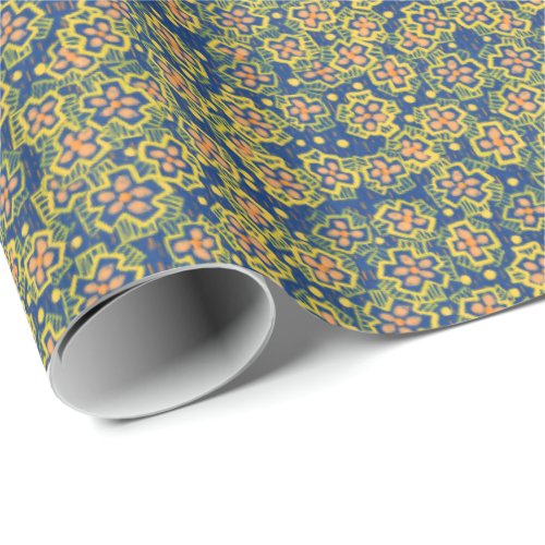 Spring Blossom blue  yellow floral pattern Wrapping Paper