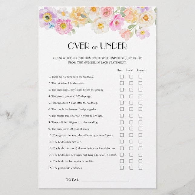 Spring Blossom Bridal Shower Over Under Game (Front)