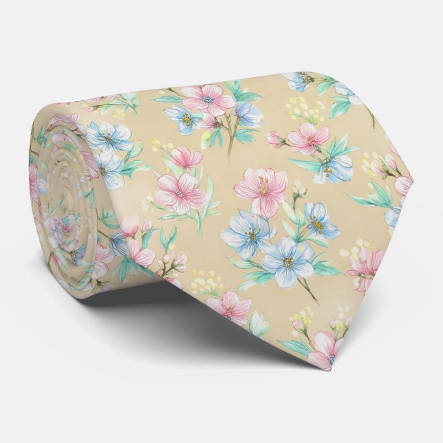 Spring Blossom Floral Pattern Neck Tie (Rolled)