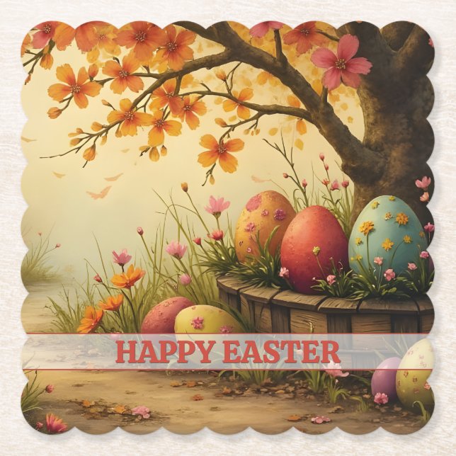 Spring Blossom Magic with Easter Egg Splendor Paper Coaster (Front)