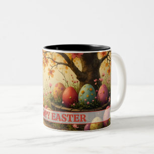 Spring Blossom Magic with Easter Egg Splendor Two-Tone Coffee Mug