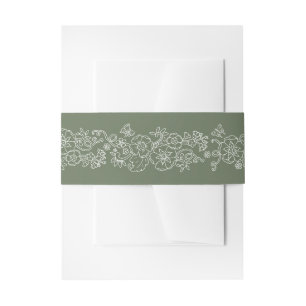 Spring blossom vine butterflies sage white wedding invitation belly band