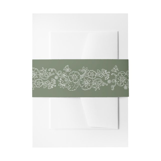 Spring blossom vine butterflies sage white wedding invitation belly band (Front Example)