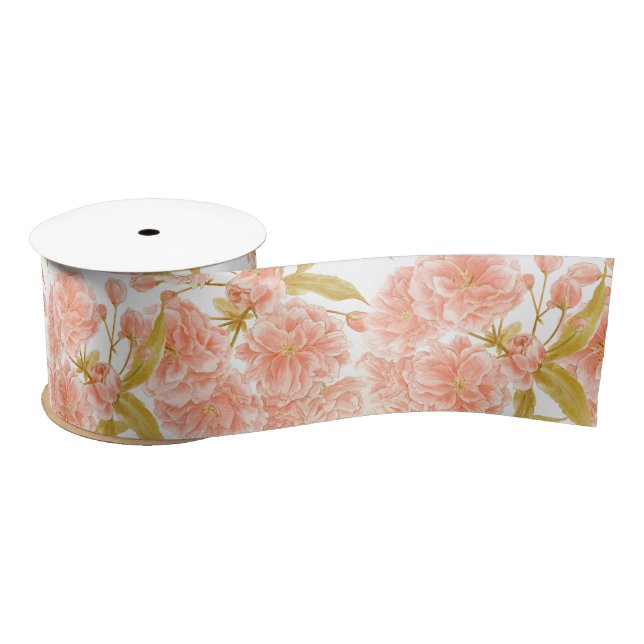 Spring blossom watercolor peach olive green ribbon (Spool)