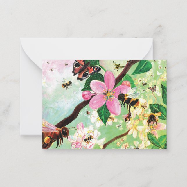 Spring Blossoming Fruit Tree with Bees Note Card (Front)
