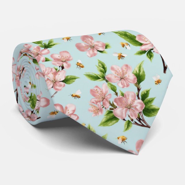 Spring Blossoms and Bees Pattern Neck Tie (Rolled)