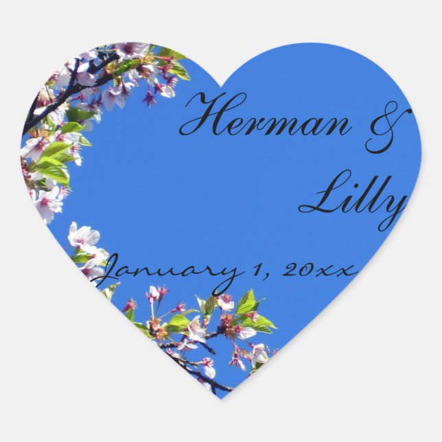 Spring Blossoms and Blue Sky Personalized Wedding Heart Sticker (Front)