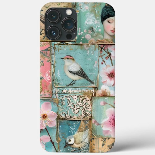 Spring Blossoms Decoupage Birds Gold Pink Aqua iPhone 13 Pro Max Case