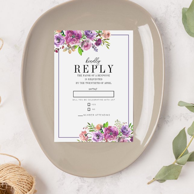 Spring Blossoms Floral Peach Purple Violet Wedding RSVP Card (Creator Uploaded)