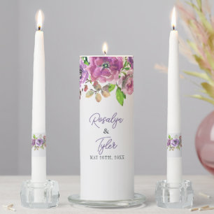 Spring Blossoms Floral Purple Watercolor Wedding Unity Candle Set