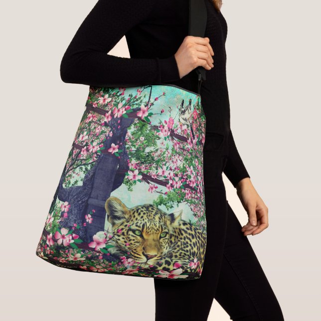 Spring blossoms Leopard Birds Nature Crossbody Bag (Close Up)