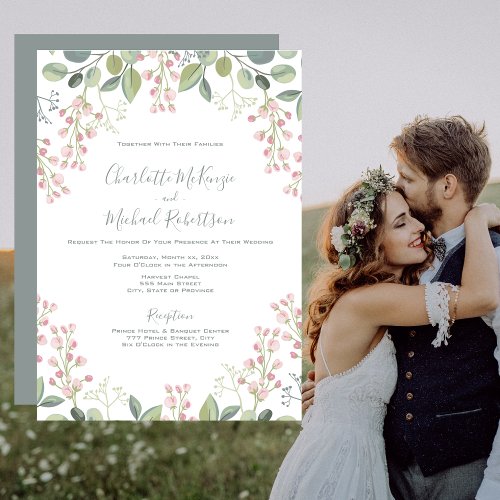 Spring Blossoms Pink Blush Mint Green Wedding  Invitation