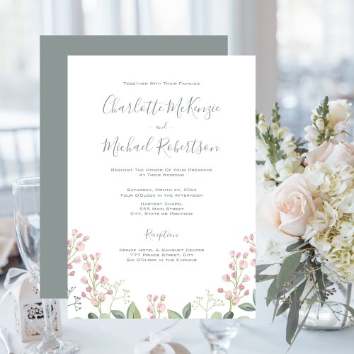 Spring Blossoms Pink Blush Mint Green Wedding Invitation