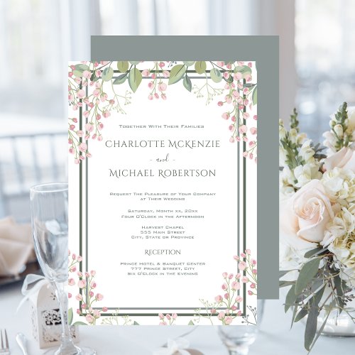 Spring Blossoms Pink Blush Mint Green Wedding Invitation