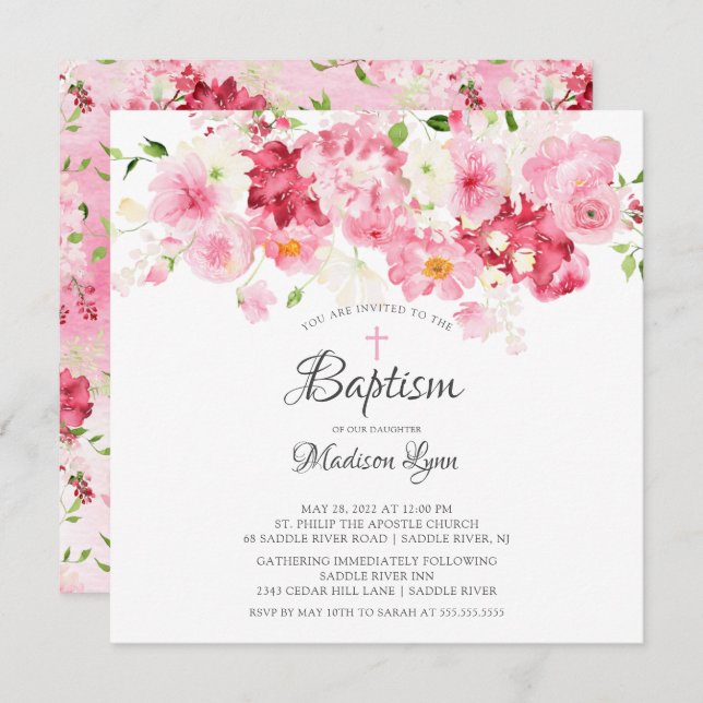 Spring Blossoms Pink Floral Baptism Invitation (Front/Back)