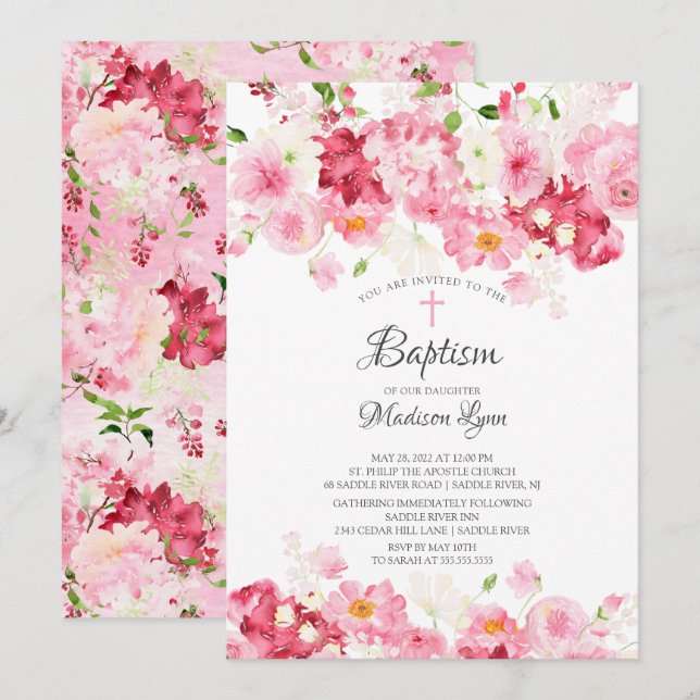 Spring Blossoms Pink Floral Baptism Invitation (Front/Back)