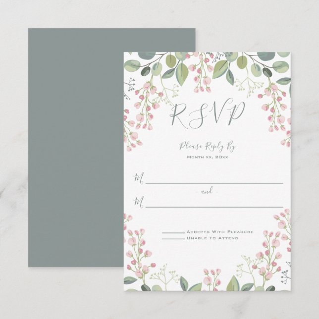 Spring Blossoms Pink Floral Mint Green Wedding RSVP Card (Front/Back)