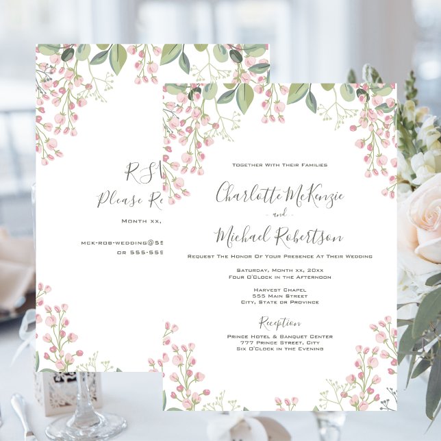 Spring Blossoms Pink Floral Mint With RSVP Wedding Invitation (Spring Blossoms Pink Floral Mint Green Wedding Invitation)
