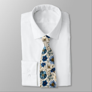 Spring Blue And Cream Floral Flowers  Neck Tie