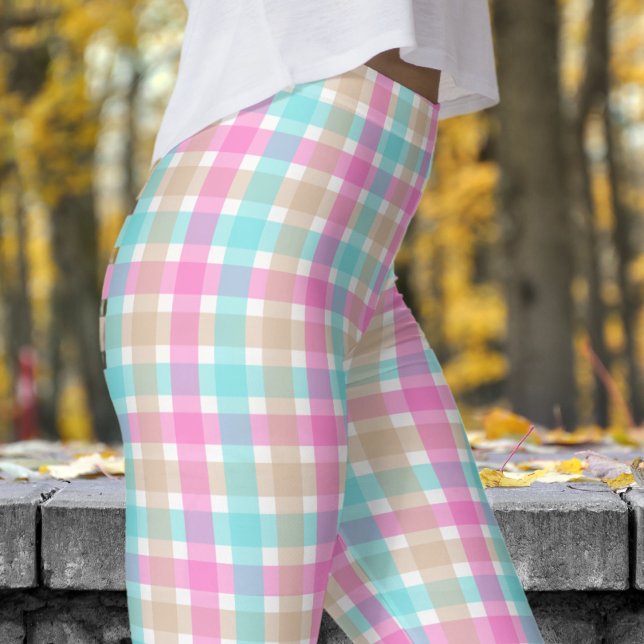 Spring Blue and Pink Check Pattern Leggings (Spring Blue and Pink Check Pattern Leggings)