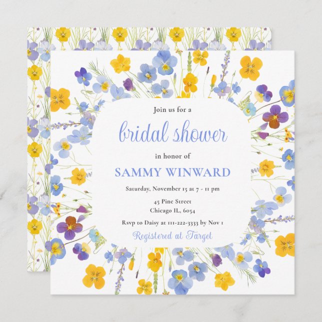 Spring Blue and Yellow Flowers Bridal Shower Invitation (Front/Back)