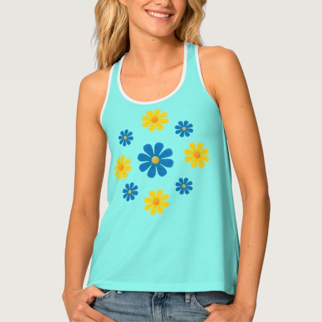 Spring blue and yellow flowers on light blue tank top (Front)