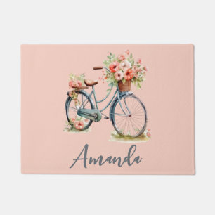 Spring Blue Bicycle Flowers on Pale Pink Doormat