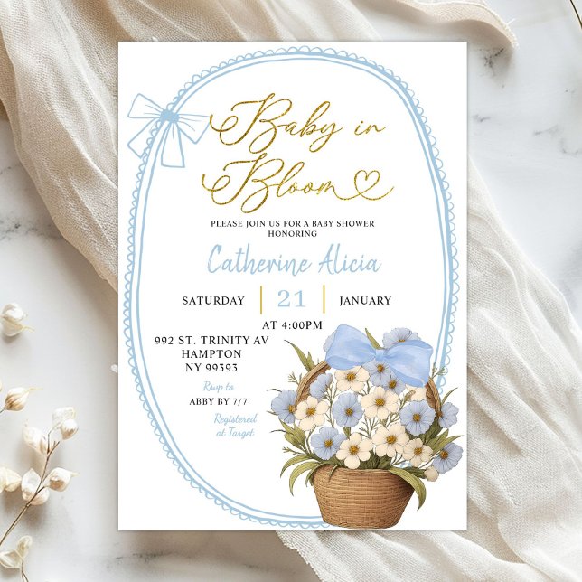 Spring Blue Bow Daisy Baby in Bloom Baby Shower Invitation (Creator Uploaded)