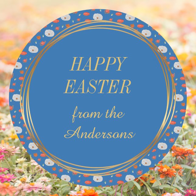 Spring Blue Floral Family Christian Happy Easter Classic Round Sticker (Spring Blue Gold Floral Pattern Family Name Religious Christian Catholic Happy Easter Round Sticker)