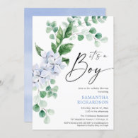 Spring blue floral greenery boy baby shower invitation