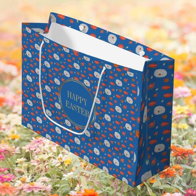 Spring Blue Floral Pattern Christian Happy Easter Large Gift Bag (Spring Blue Watercolor Floral Pattern Religious Christian Catholic Happy Easter Gift Bag)