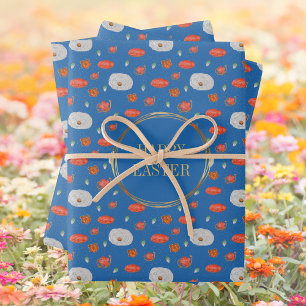Spring Blue Floral Pattern Christian Happy Easter Wrapping Paper Sheets