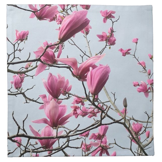 Spring Blue Pink Magnolia Blossoms Peaceful Hanami Cloth Napkin (Front)