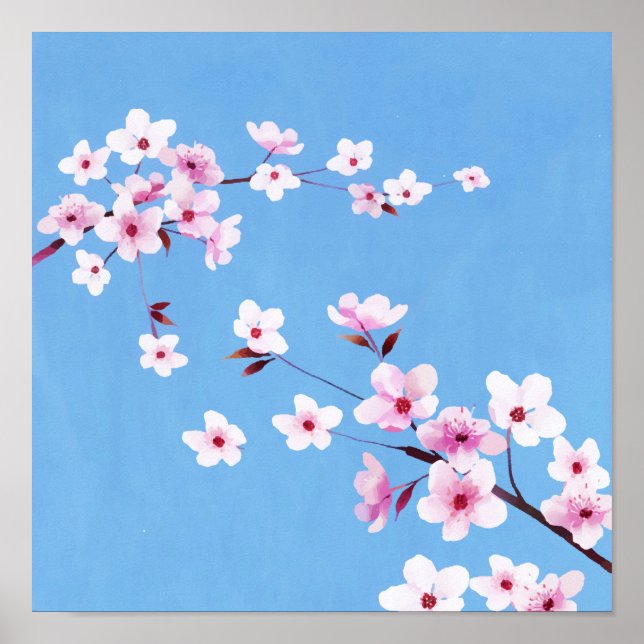 Spring Blue Sky Cherry Blossom Flowers Warecolor Poster (Front)