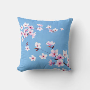 Spring Blue Sky Cherry Blossom Flowers Warecolor Throw Pillow