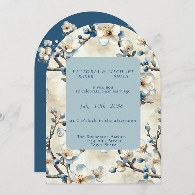 Spring Blue White Blossoms Wedding Invitation (Front/Back)
