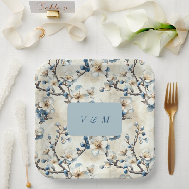 Spring Blue White Blossoms Wedding  Paper Plates (Wedding)