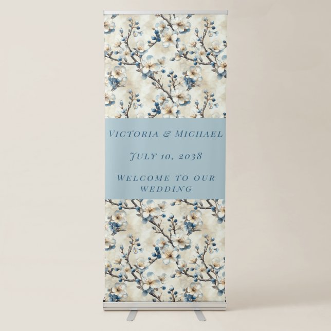 Spring Blue White Blossoms Wedding  Retractable Banner (Front)