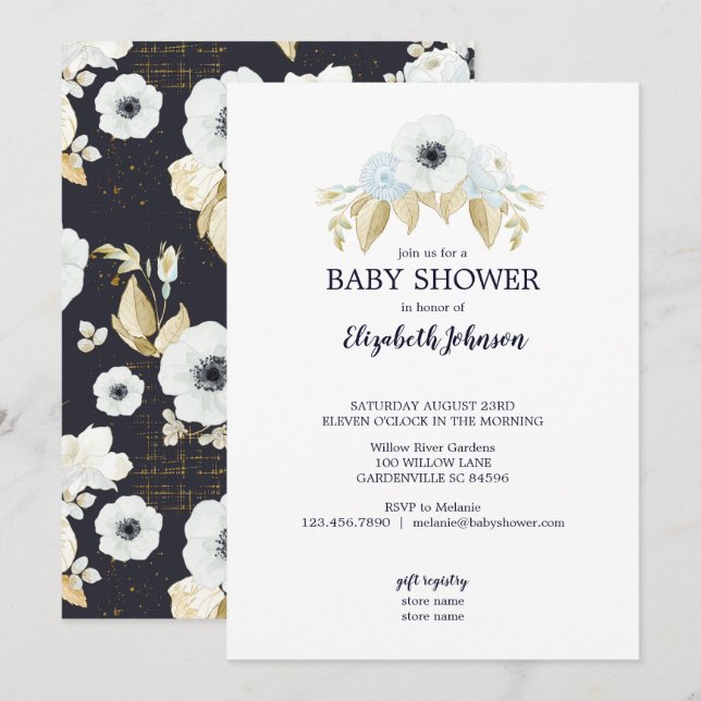 Spring Blue & White Floral on Navy Baby Shower Invitation (Front/Back)