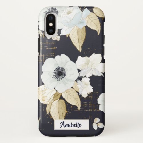 Spring Blue  White Flowers on Navy Background iPhone XS Case