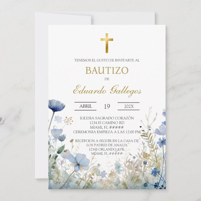 Spring blue wild flower baptism  invitation (Front)