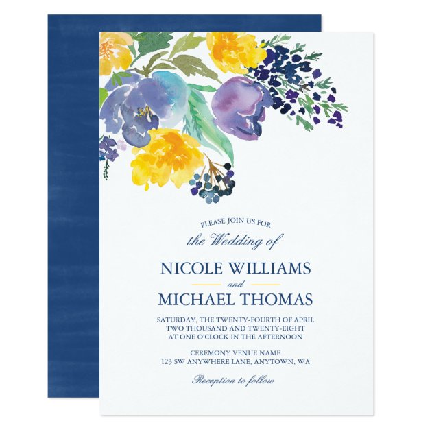 Spring Blue Yellow Watercolor Flowers Wedding Invitation