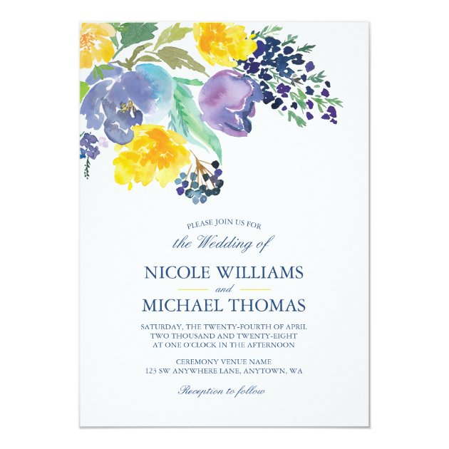 Spring Blue Yellow Watercolor Flowers Wedding Invitation